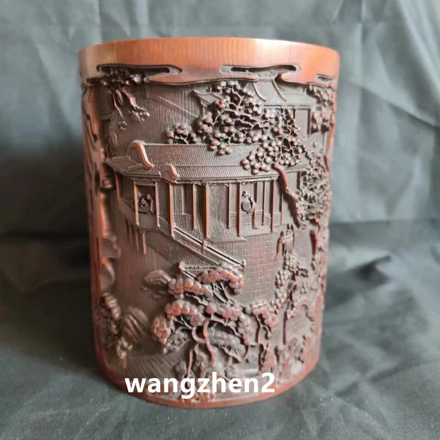 Chinese Wood brush pot Bamboo carving Pen holder Pavilions and Pavilion pattern