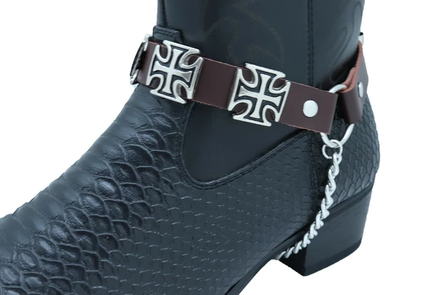 Men Biker Chain Brown Faux Leather Bands Western Boots 2 Straps Big Cross Charms