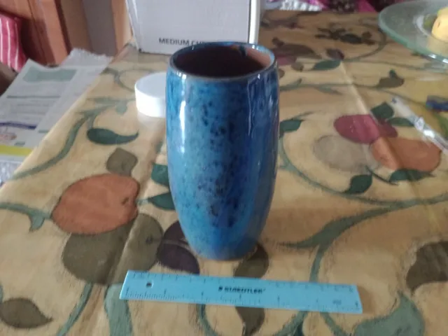 Earthenware Studio Pottery Blue Glazed Vase/Beaker. 14cm Tall. Mark SA & Bee.
