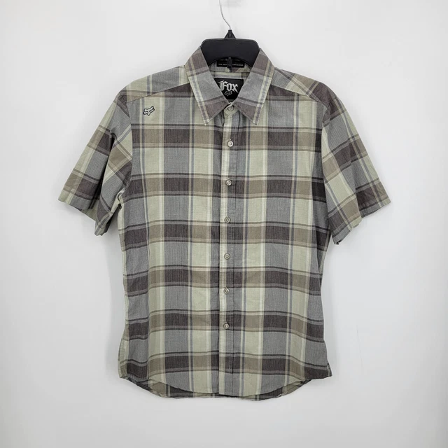 Fox Racing Shirt Mens Medium Tan Brown Plaid Short Sleeve Button Up Casual