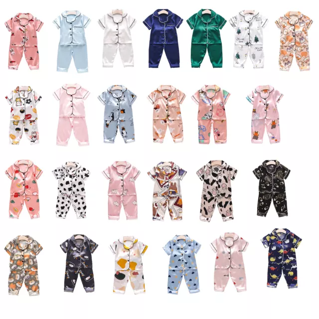 Baby Boys Girl 2Pcs Satin Silk Sleepwear Pajama Set Cute Cartoon Tops with Pants