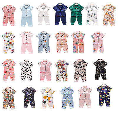 Infant Baby Boys Girls Pajamas Set Silk Satin Short Sleeve Cartoon Top and Pants