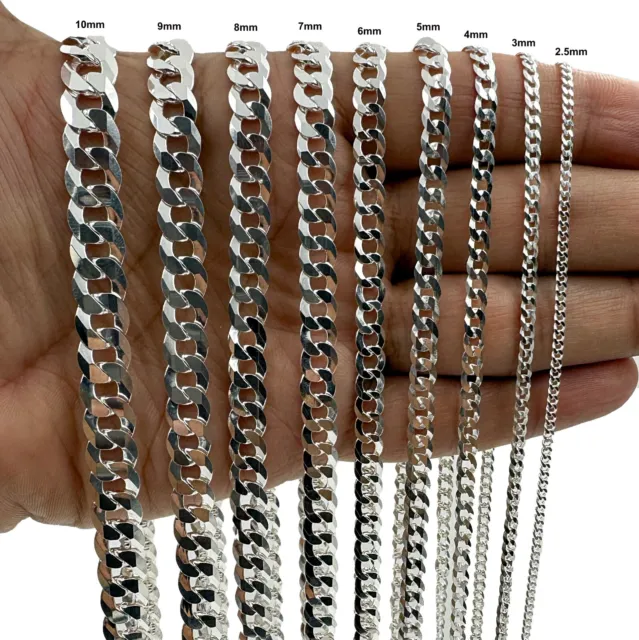 Real SOLID 925 Sterling Silver CURB CUBAN Chain Necklace or Bracelet Mens Womens