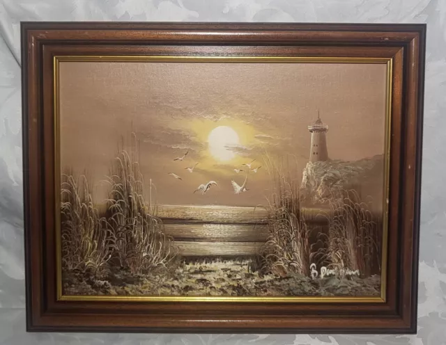 Vintage Oil On Board Coastal Scene Birds Lighthouse Signed 50cm x 40cm -