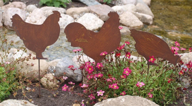 Rost Deko 3x Huhn Hühner Hühnerschar Hahn Topfstecker Metall Stecker Gartendeko