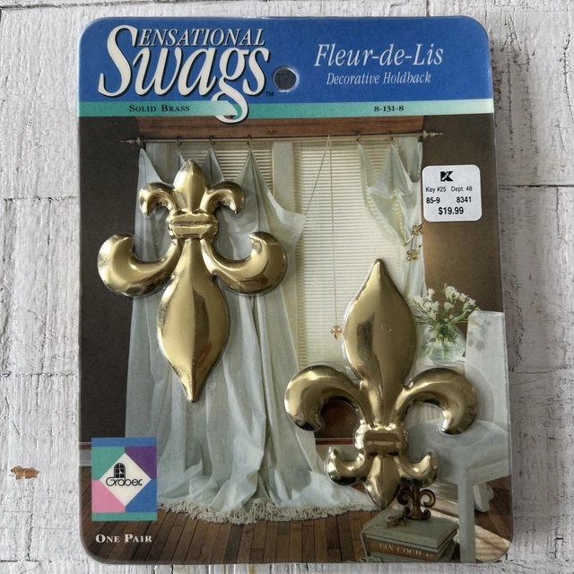 Vintage Solid Brass Fleur de Lis Decorative Curtain Holdbacks Hooks NEW Swags