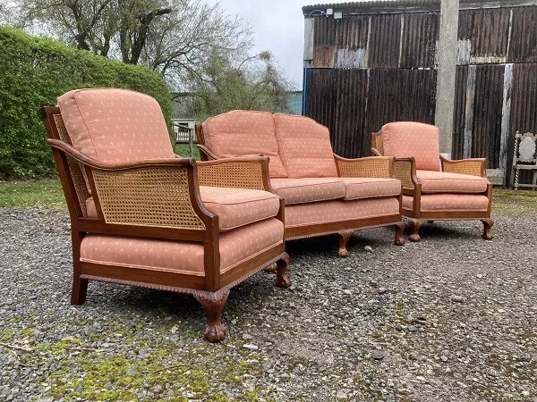 20thC ANTIQUE BERGERE CANE 3PC SUITE - SOFA AND ARMCHAIRS - DELIVERY AVAILABLE