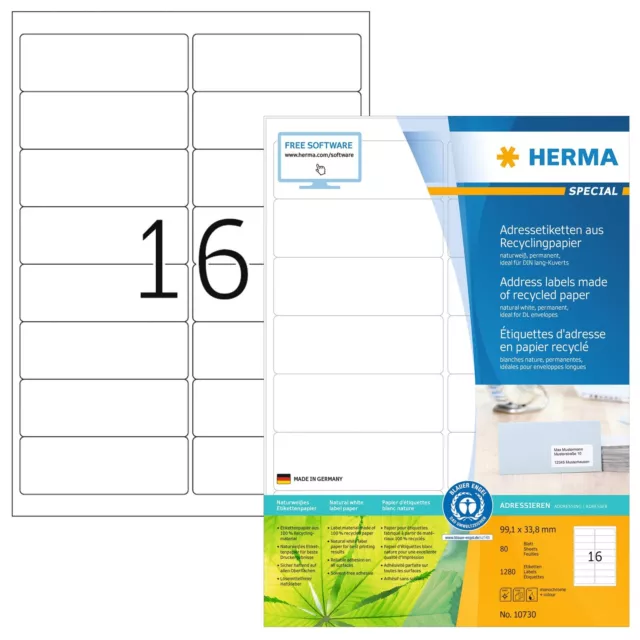 HERMA 10730 Recycled Labels DIN A4 (99.1 x 33.8 mm, 80 Sheets, Recycled Paper, M