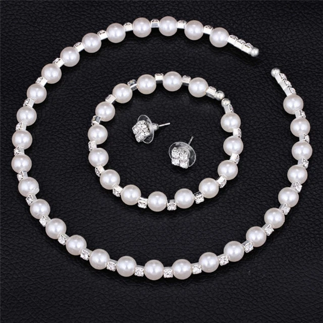 Set Gioielli Matrimonio Cristallo Perla Damigella d'Onore Collana Bracciale Orecchini YB BII