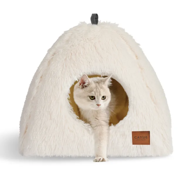 CATISM White Cat Bed Cave Hooded Soft Warming Kitten House Pet Dog Bed Washable