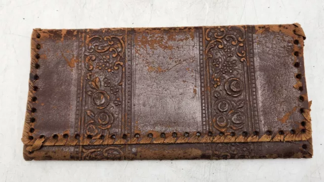 Antique Early Hand Tooled Floral Leather Folding Billfold Wallet - Made in Italy