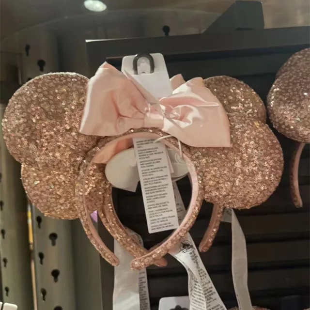 US Disney Parks Rose Gold Sequin Pink Bow Minnie Mickey Mouse Ears Headband 2022