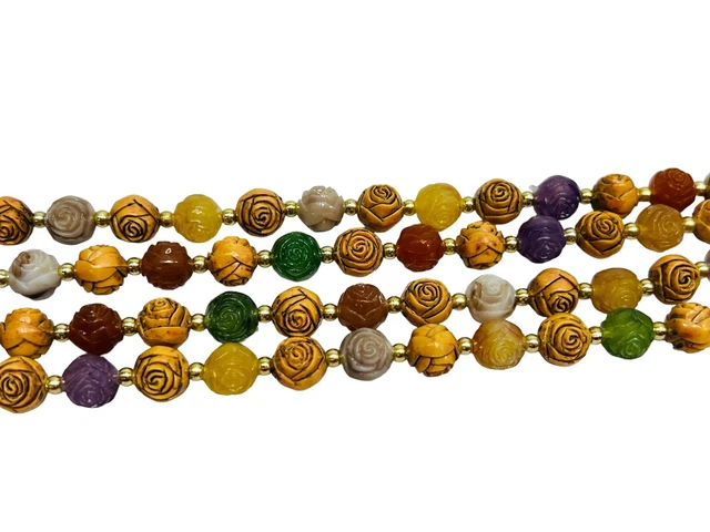 Vintage Beaded Necklace Multicolor Carved Round floral and gold tone beads 48 in
