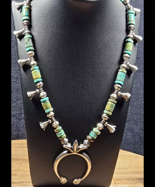 Sterling NAVAJO PEARL Squash Blossom SIGNED Naja Turquoise Bead Necklace VTG 23"