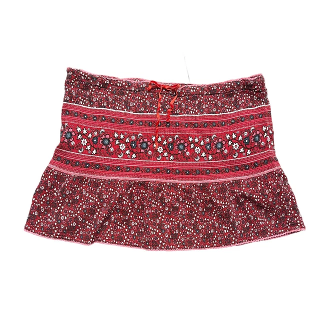At Last & Co Women's Skirt Red Floral Cotton Stretch Vintage Tie Waist Large