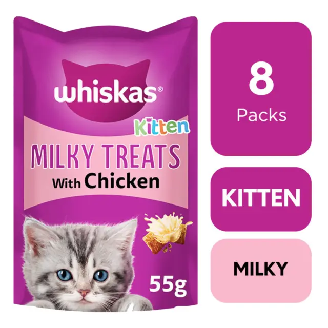 8 x 55g Whiskas Kitten 2-12 Months Milky Kitten Treats Cat Biscuits 440g
