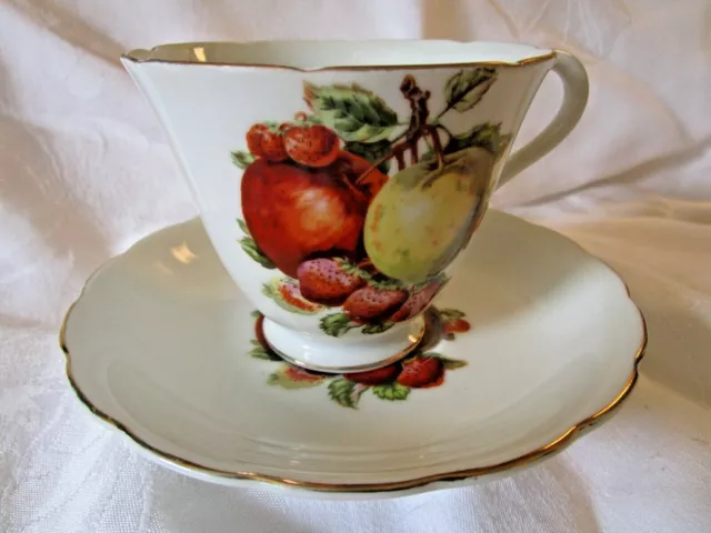 Vintage Footed Tea Cup & Saucer "L&M ROYAL HALSEY" FRUIT Pattern  w/Gold