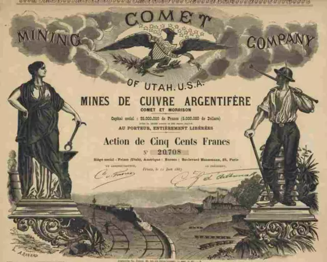 COMET Mining Company UTAH 1883 Frisco Morrison Paris Mazereau Tours 100 Dollars