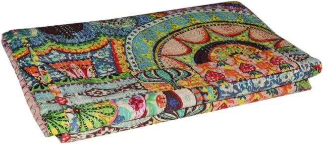 Indian Vintage Multicolor kantha Quilt Reversible Bedspread Hippie Kantha Throw 2