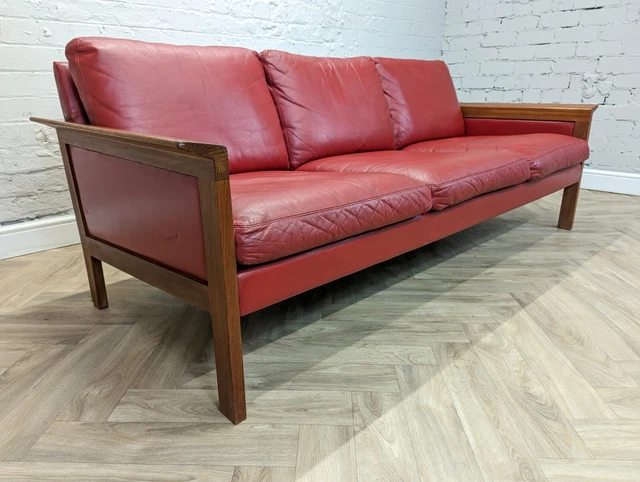 Mid-Century Vintage Swedish Red Leather & Teak 3 Seater Sofa by Gillis Lundgren 2
