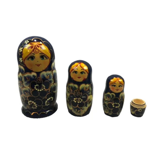 Set of 3 Signed Wooden Russian Nesting Stacking Dolls Hand Painted Blue