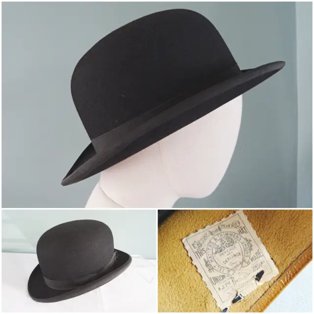 Vintage Bowler Hat Derby 1950s Black Felt Gentlemens Felt Hatters Union Size 7