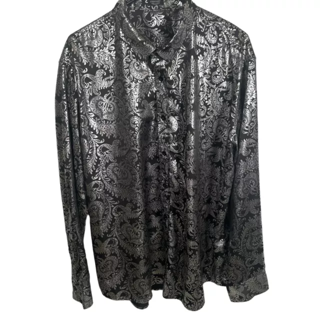 Coofandy Mens Paisley Long Sleeve Button Dress Shirt XXL Wedding Party Black