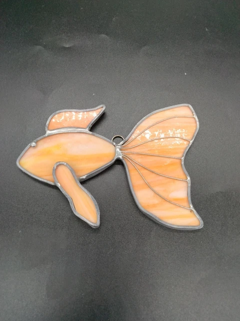 Orange and White Slag Stained Leaded Glass Koi Fish Suncatcher UV Reactive