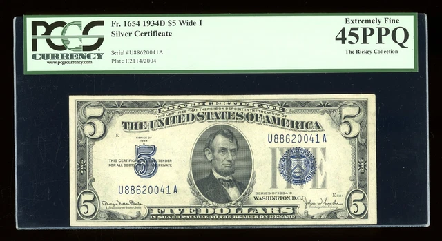 DBR 1934-D $5 Silver Fr. 1654Wi Wide I UA Block PCGS 45 PPQ Serial U88620041A