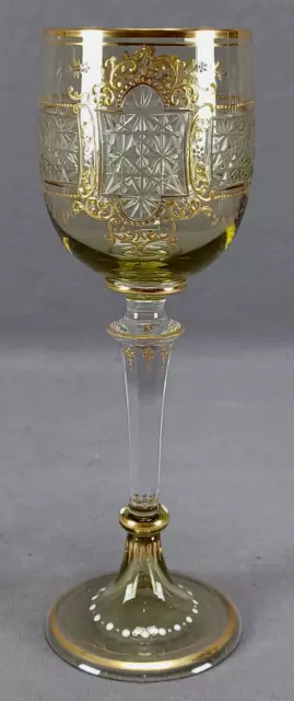German Bohemian Green Cut to Clear Glass & Raised Gold Roemer Hock Wine Glass