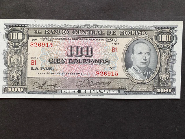 BOLIVIA, 1945, Billete Banco Central de Bolivia, 100 BOLIVIANOS, Serie B1, UNC