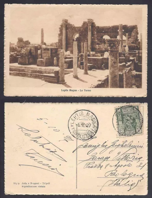STORIA POSTALE Colonie LIBIA 1927 Cartolina da Leptis Magna a Bologna (Z1)