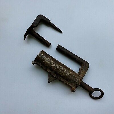 18th C Iron padlock or lock with SCREW TYPE key, old or antique, small sized.