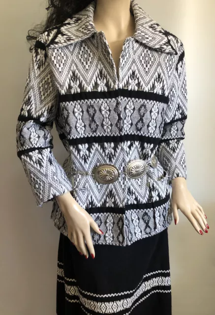 Vtg Lanza Mex Maxi Blazer Skirt Black White Silver Embroidered Lined Ethnic Med 3