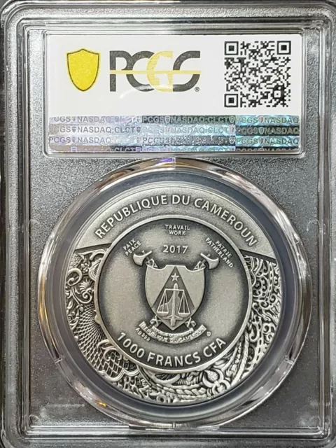 2017 Cameroun 1 oz Silver Carved Skulls Carved Skull PCGS MS69 Antique Finish 2
