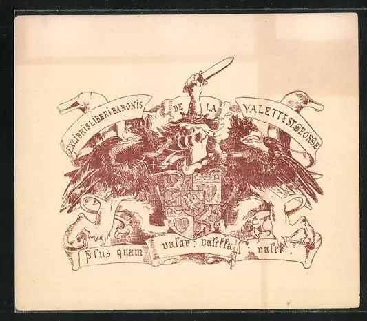 Exlibris Liberi Baronis De La Valette St. George, Wappen mit Ritterhelm & Greif