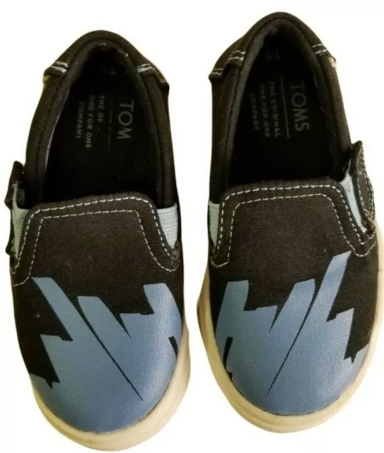 TOMS size 5 Infant Toddler Canvas Slip On Hook Black Blue Shoes Sneakers TOO CUT