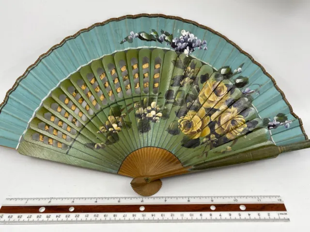 Antique Victorian Era Hand Painted Folding Fan / Floral Wood & Fabric  Beautiful