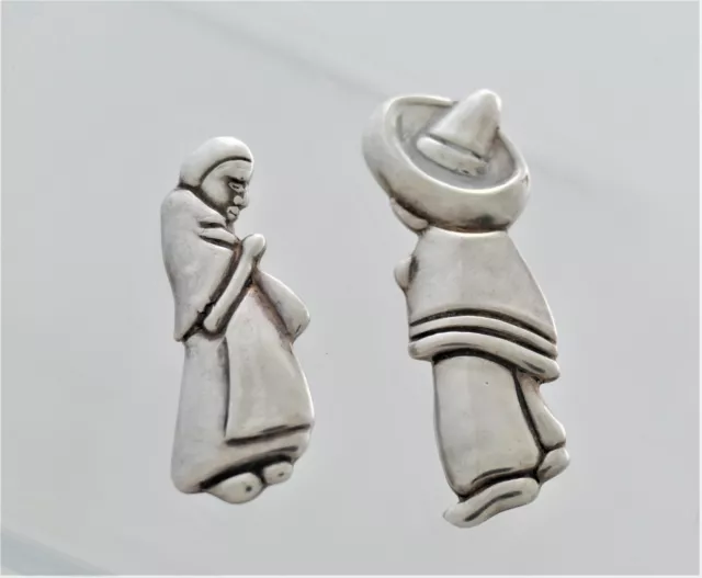 CHARMING DETAIL Los Castillo Sterling Silver Mexican Man Woman Brooch Pins PAIR!