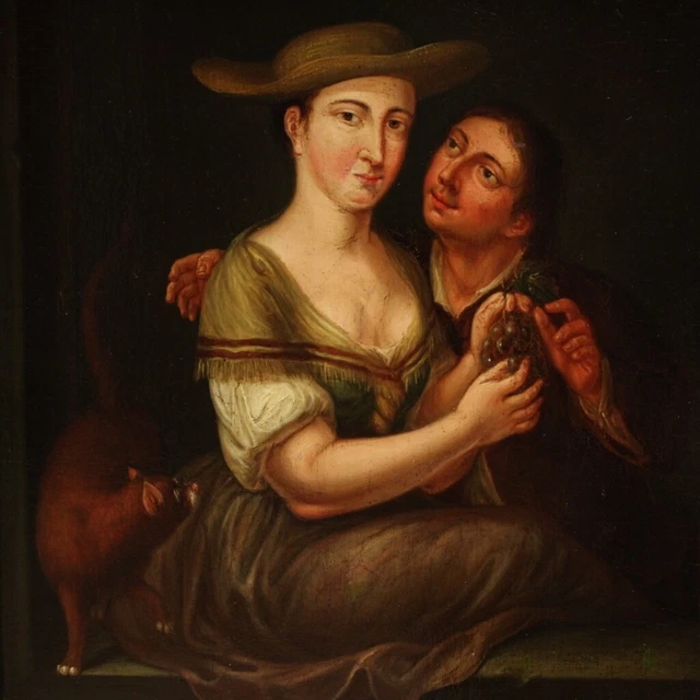 Óleo sobre panel escena de género interior antigua pintura flamenca cuadro 700