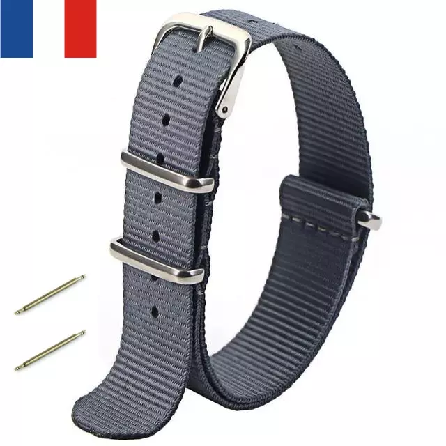 BRACELET MONTRE NATO 20 mm, gris, neuf, 100% nylon, avec tiges