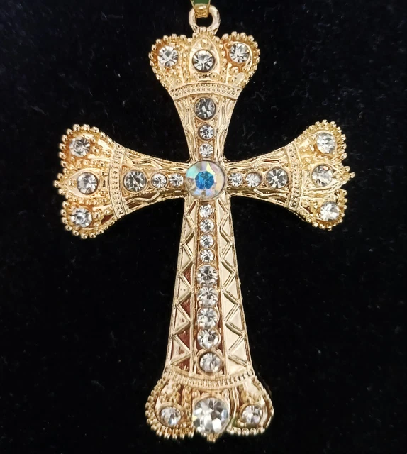 BIG Gothic GOLD Filigree CROSS Rhinestone WHITE Jewel Betsey Johnson Necklace C6