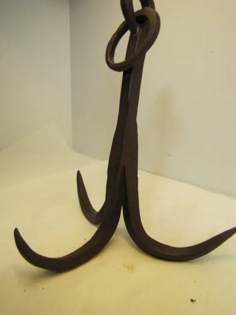 Antique Wrought Iron Triple Hook Hanger Blacksmith Fireplace Hearth Barn Tool 7