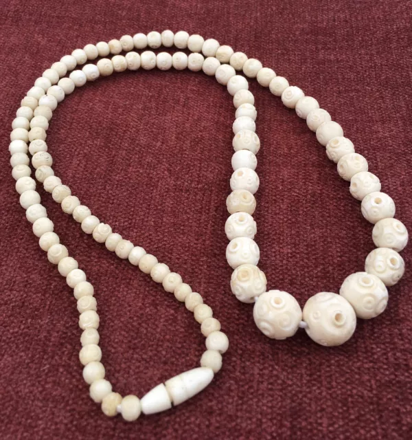 Art Deco Carved Celluloid Faux Bovine Bone Beads Necklace Graduated 28 in 1930s