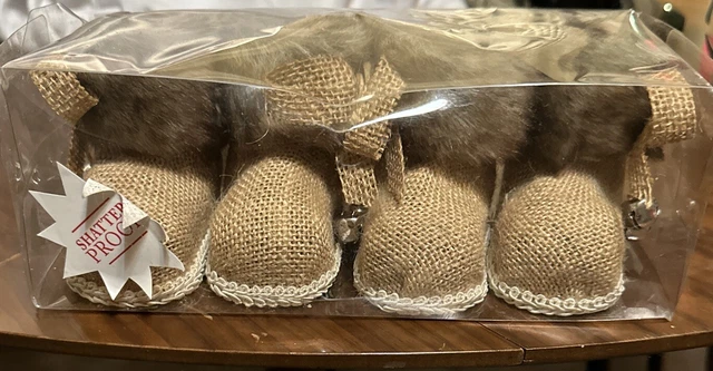 Brand New Holiday Decorative Burlap Bootie 4 Ornaments Christmas Holiday Bells