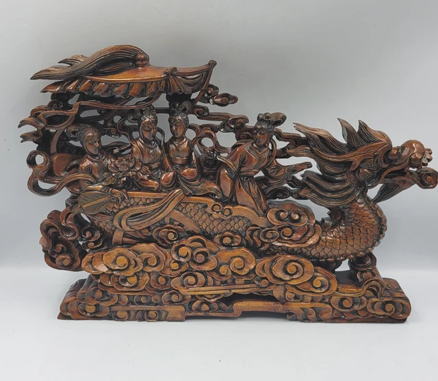 Chinese Natural Boxwood Hand Carved Exquisite Dragon Ship Maidens Screen