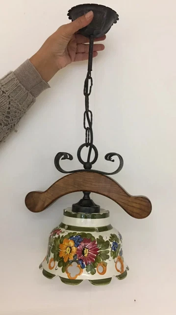 VINTAGE hohe französische KERAMIK Gusseisen Deckenleuchte ANHÄNGER Schirm handbemalt