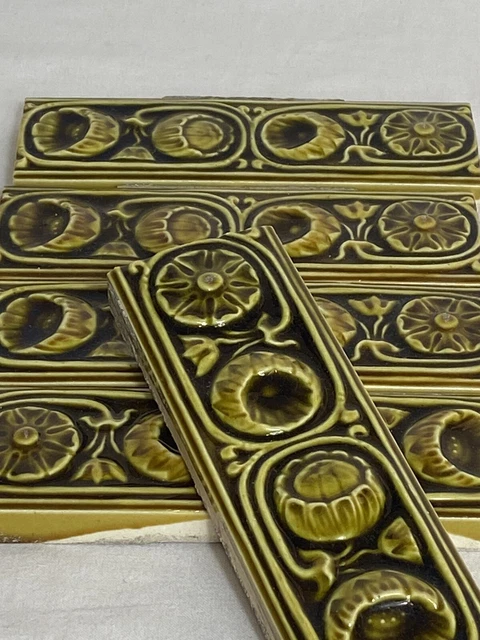 5 Antique Victorian Border Tiles. Decorative Tiles. Green Floral. 6” X 2” GC