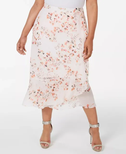 Calvin Klein Plus Size Floral Print Ruffle Front Midi Skirt Size 24W
