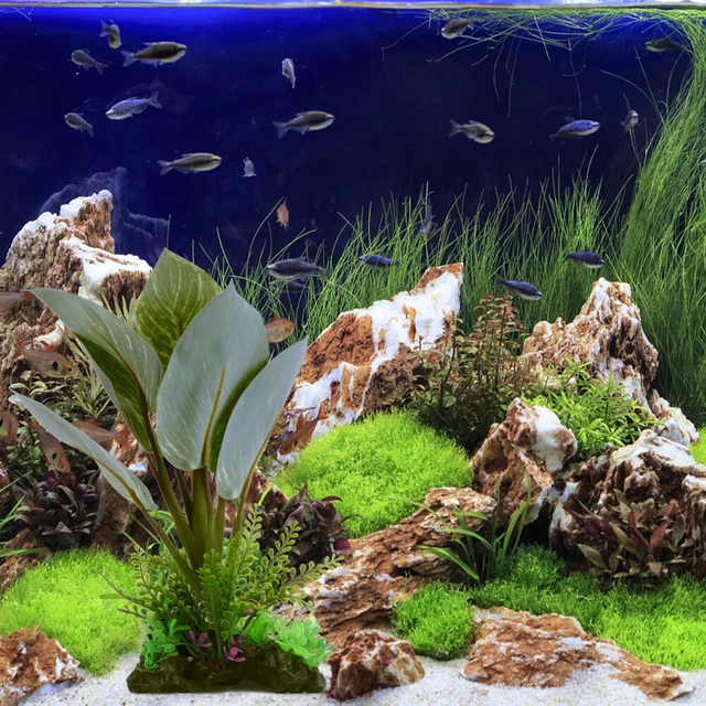 Pietre E Piante Finte Per Acquario - 2 Pietre Con Fori E 2 Piante In Plastica, Decorazione Per Pesci - Foto 3